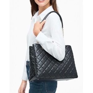 Kate Spade New York Quilted Leather Chain Tote Bag Black Large Shoulder Bag
